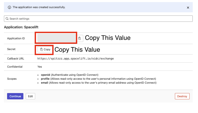 Copy the Application ID and Secret values to your Spacelift OIDC configuration