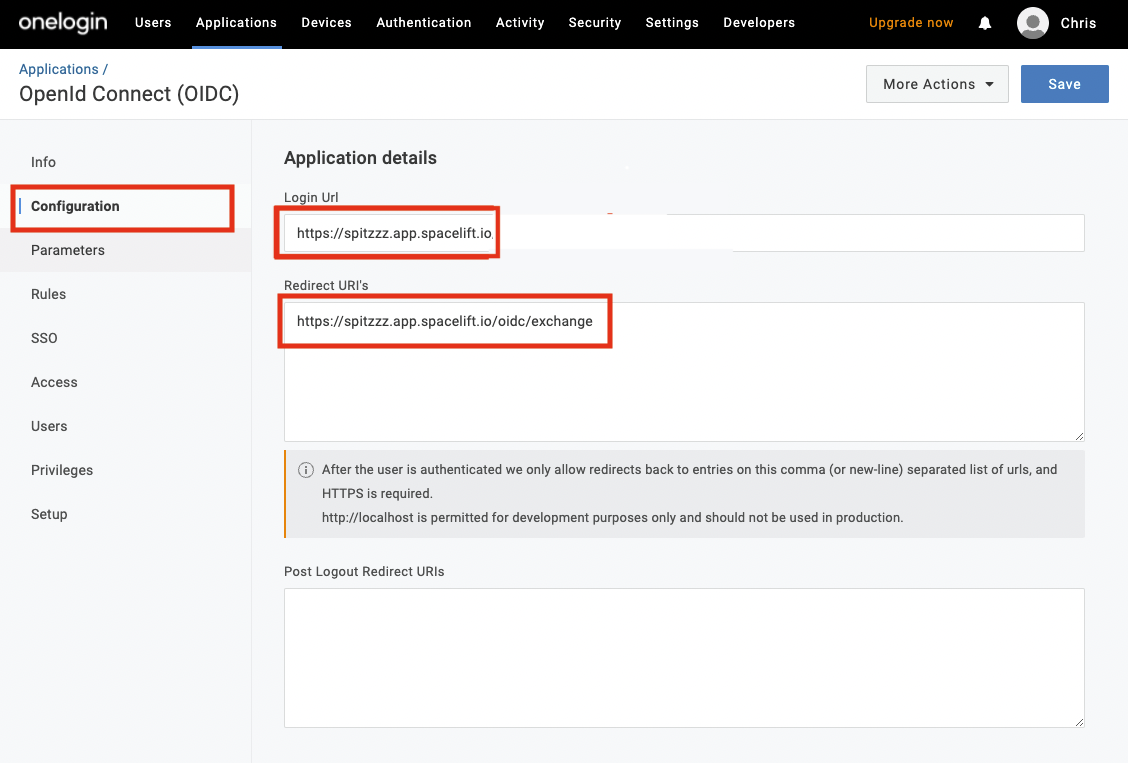 Paste your authorized redirect URL from Spacelift into the Login Url and Redirect URI's input boxes. Click Save.