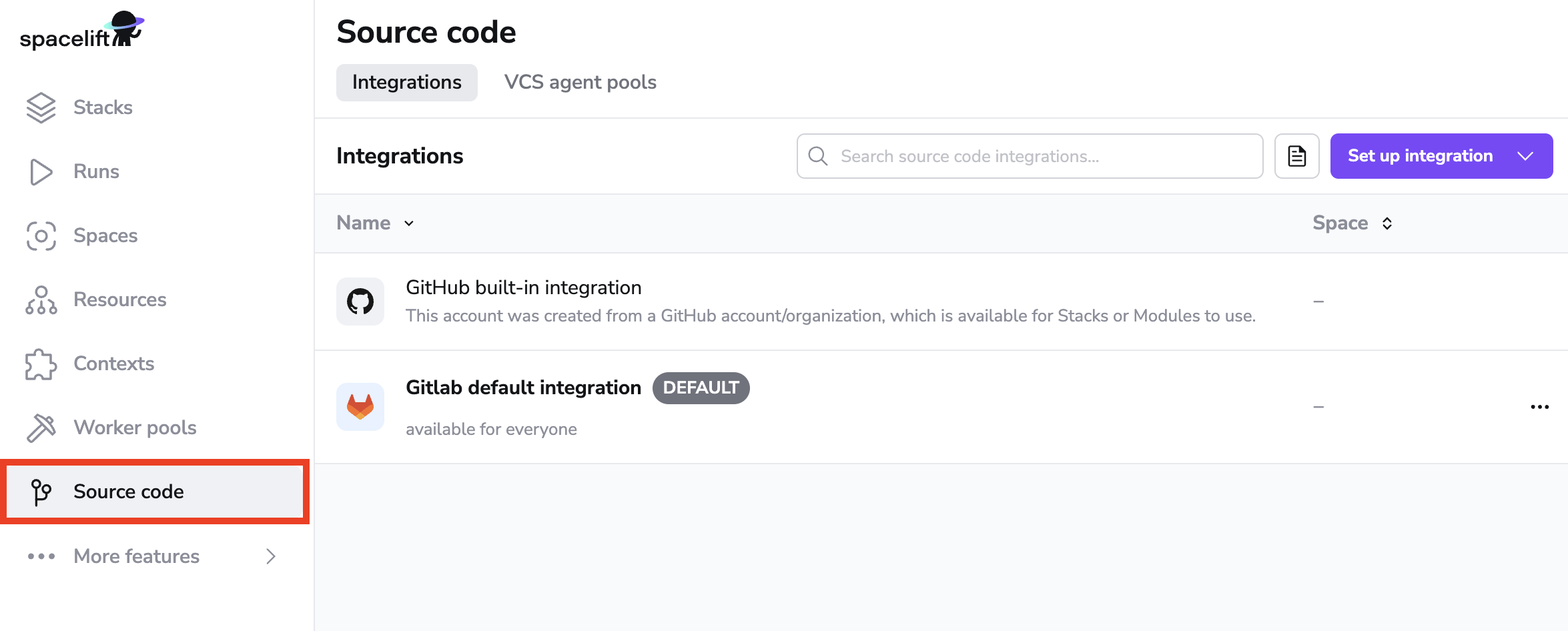 Click on Source code from the Left Navigation Sidebar to access your VCS integrations.