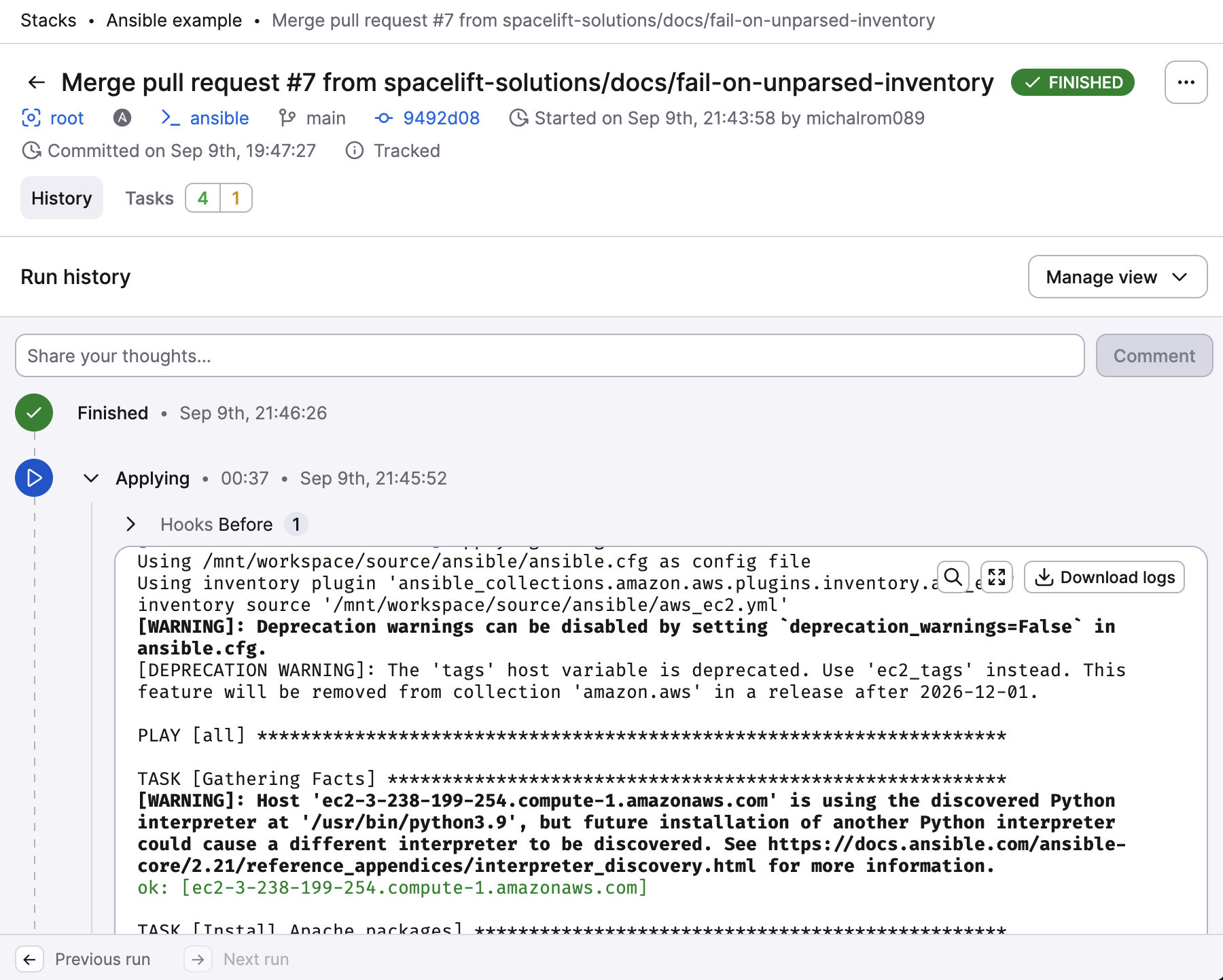 Ansible stack finished a run