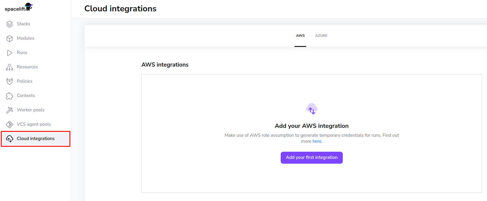 Navigate to the Cloud integrations page