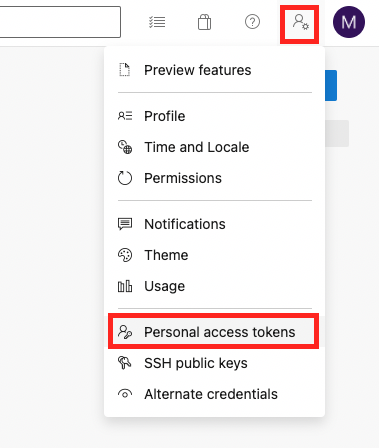 Personal access tokens menu in Azure DevOps