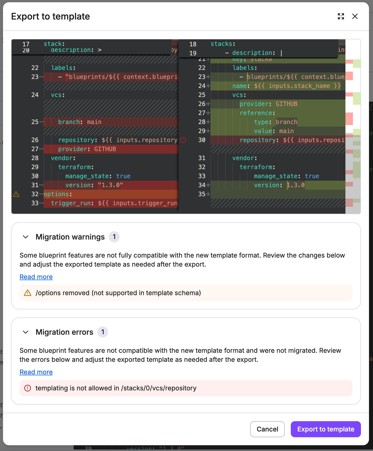 Export to template modal