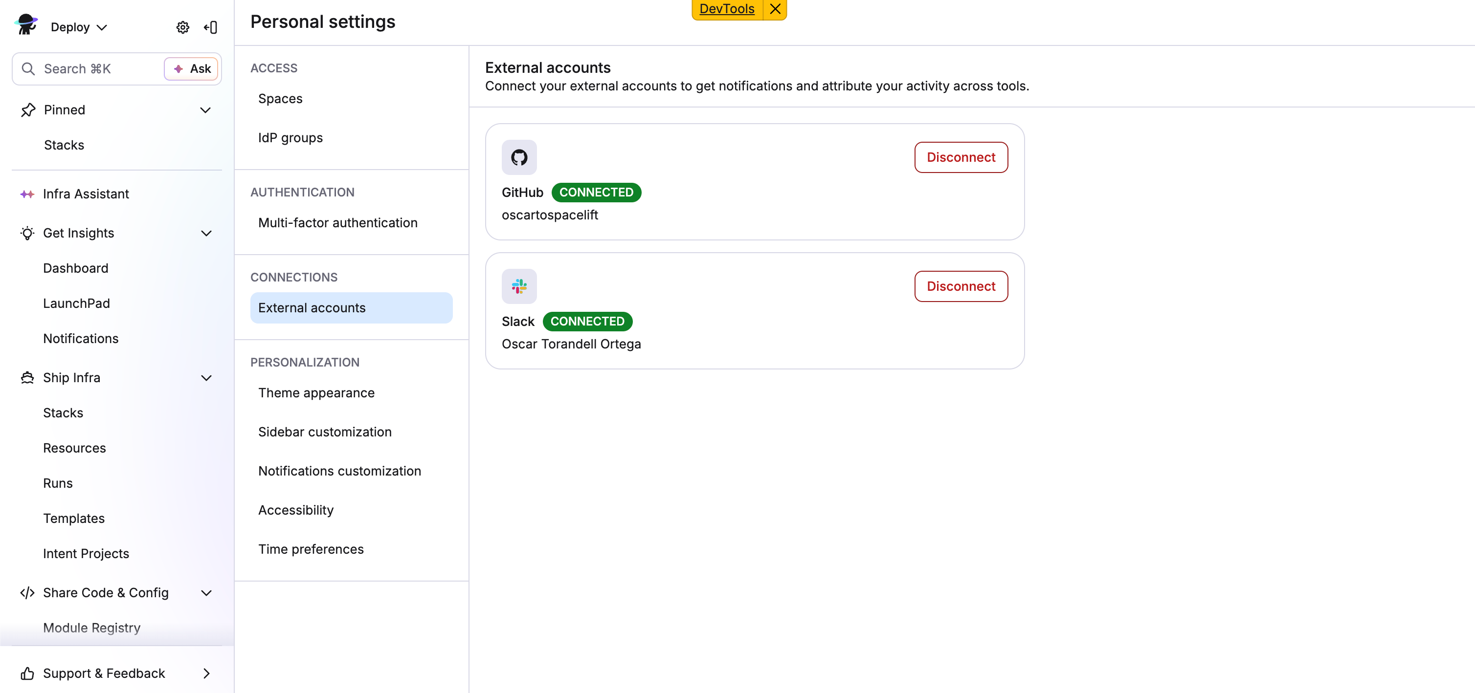 Connected external accounts