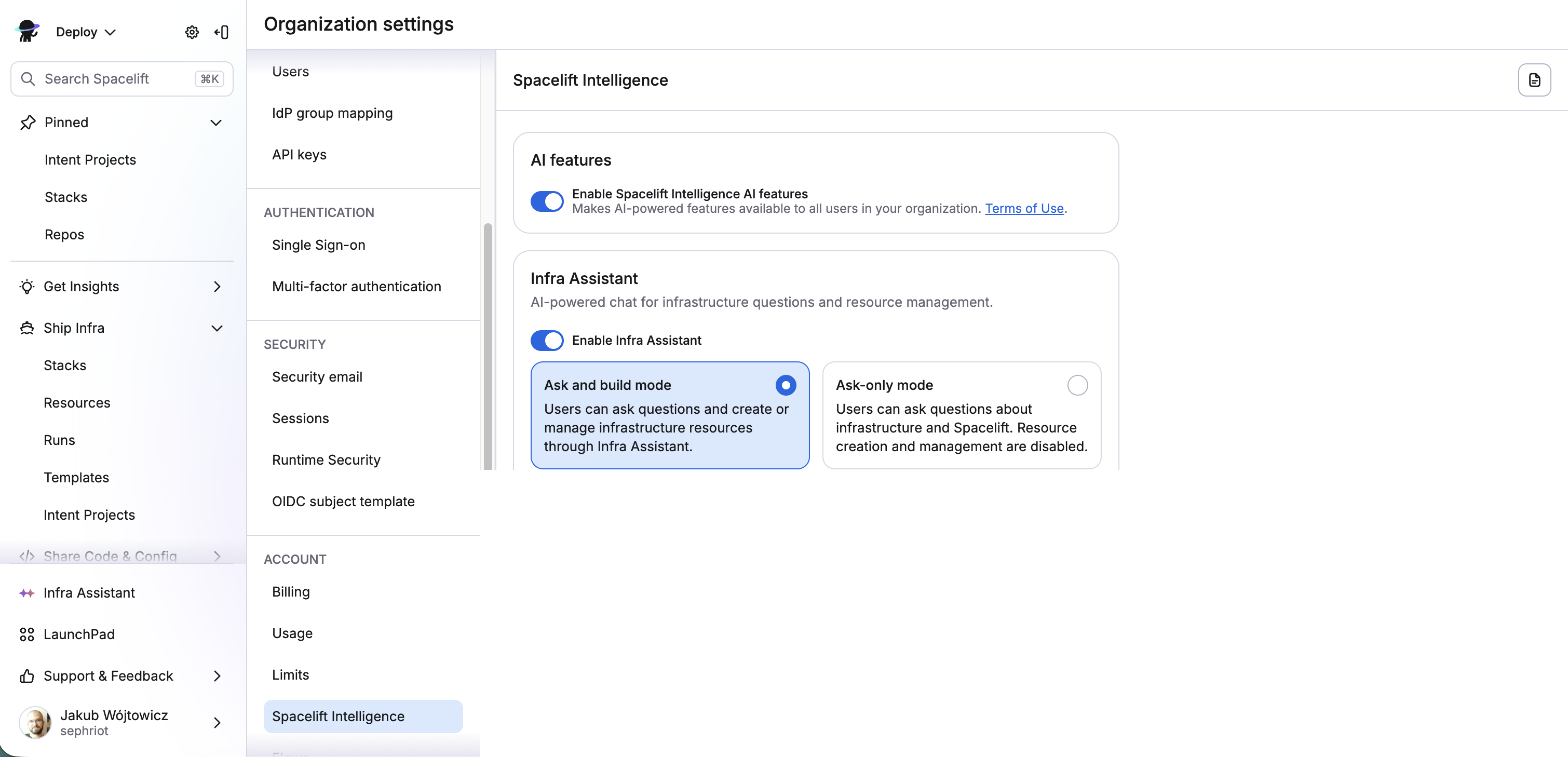Spacelift Intelligence settings