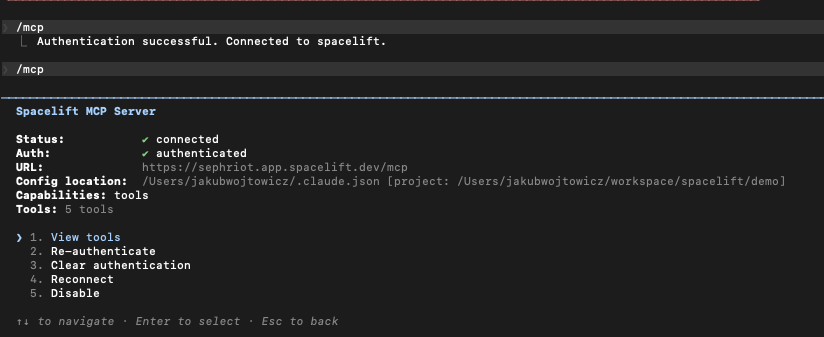 Claude Code: Spacelift MCP server connected