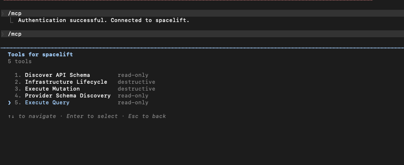 Claude Code: 5 tools exposed by the Spacelift MCP server