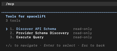 Claude Code: 3 read-only tools exposed by the Spacelift MCP server with mcp:read only