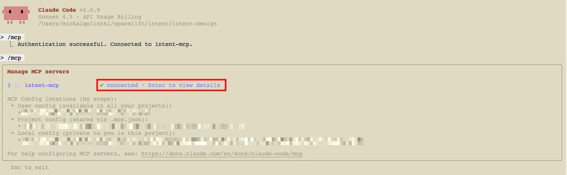 Claude Code: Spacelift Intent MCP Server successfully connected