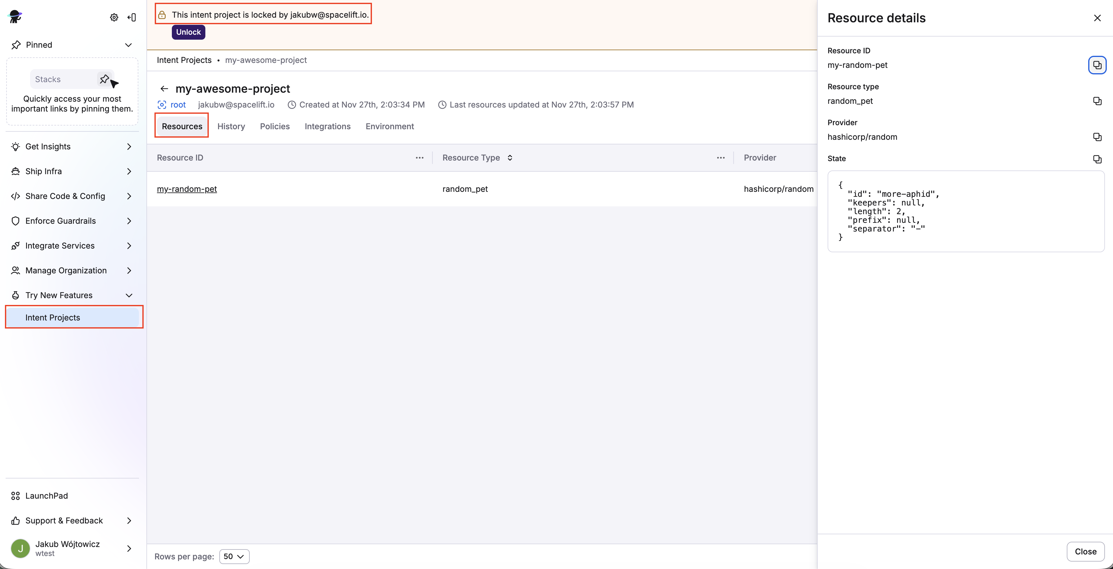 Spacelift UI: Intent Projects, locking projects and resources list