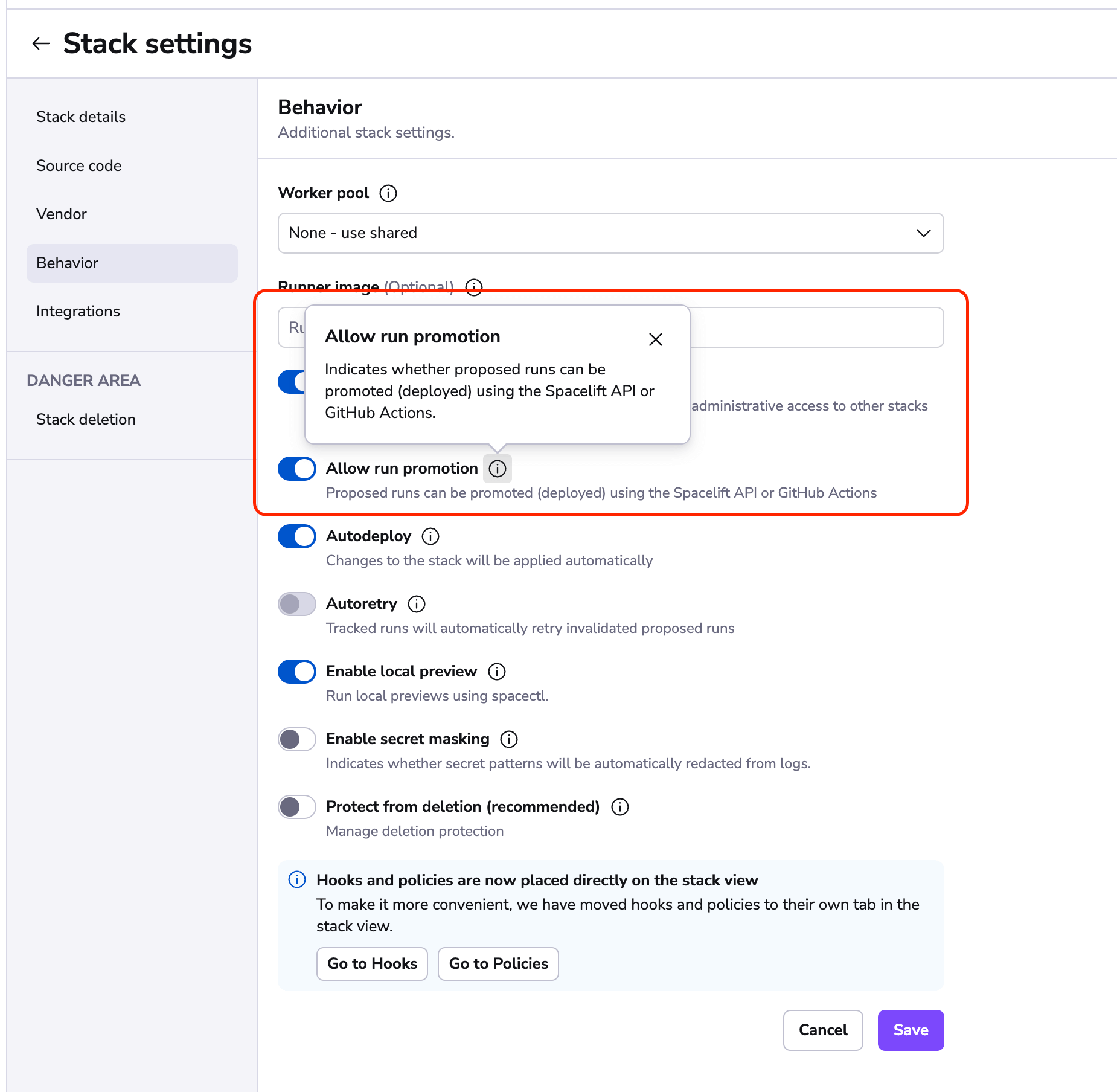 Enable the Allow run promotion feature within the Spacelift Stack's Settings.