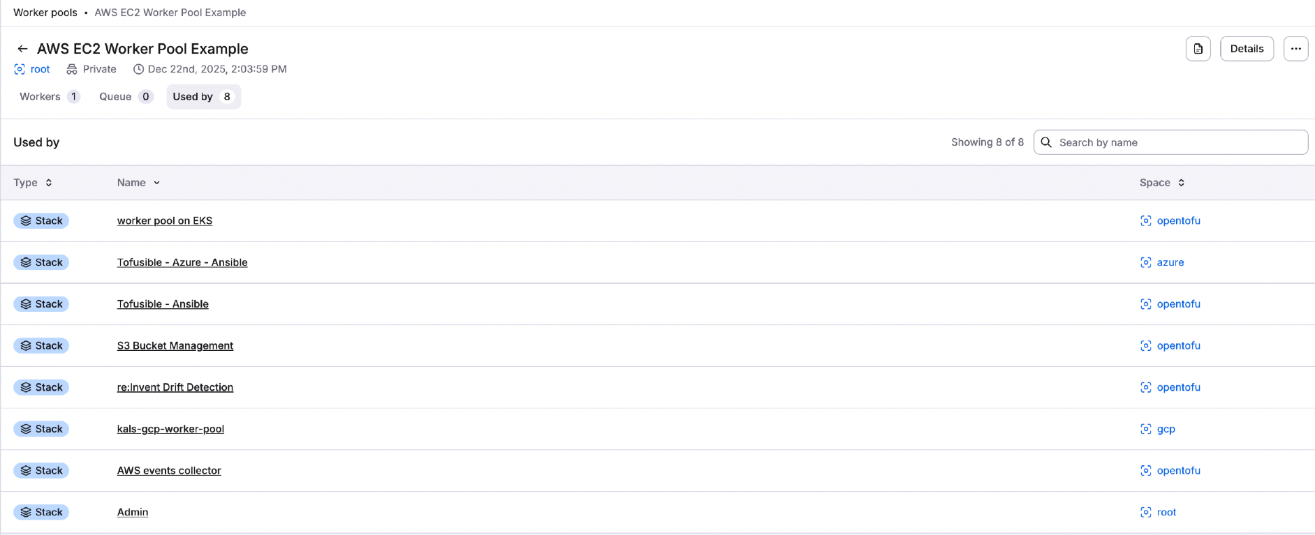 Worker pool management view used by tab