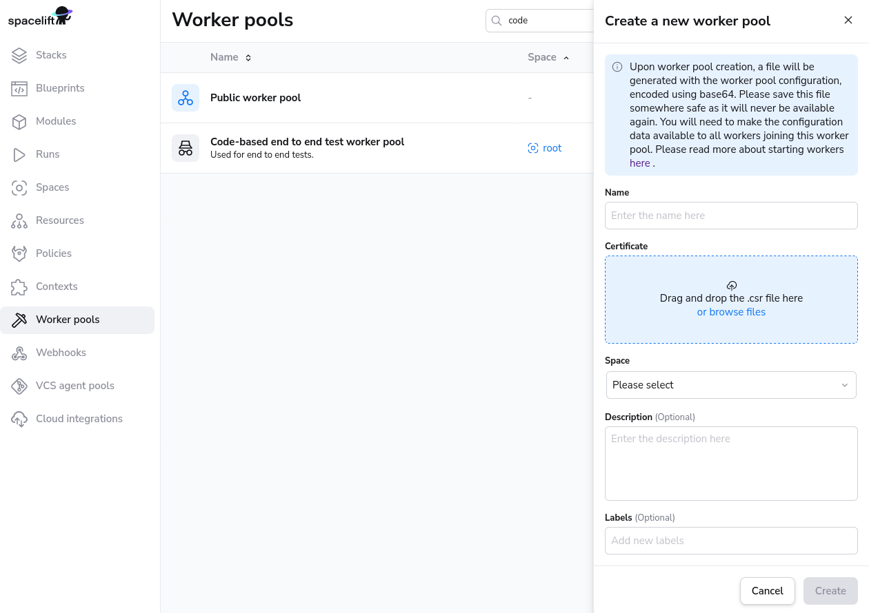 Upload the certificate you generated previously and create a worker pool.