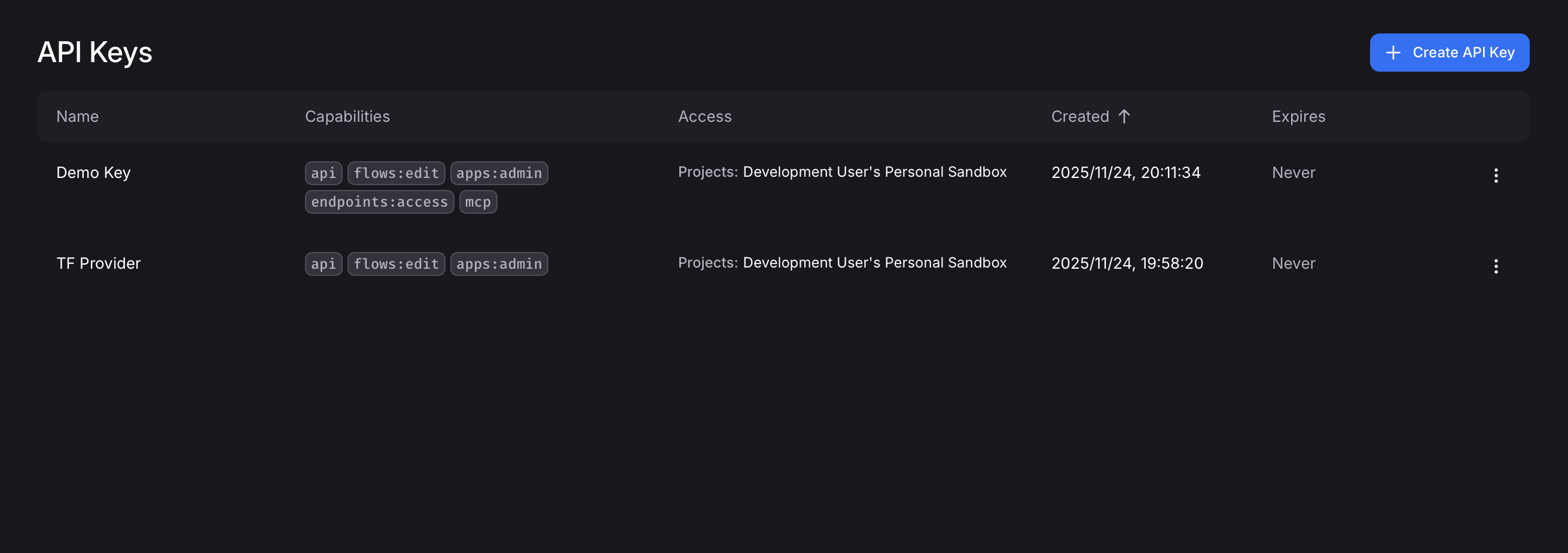 API Keys Settings