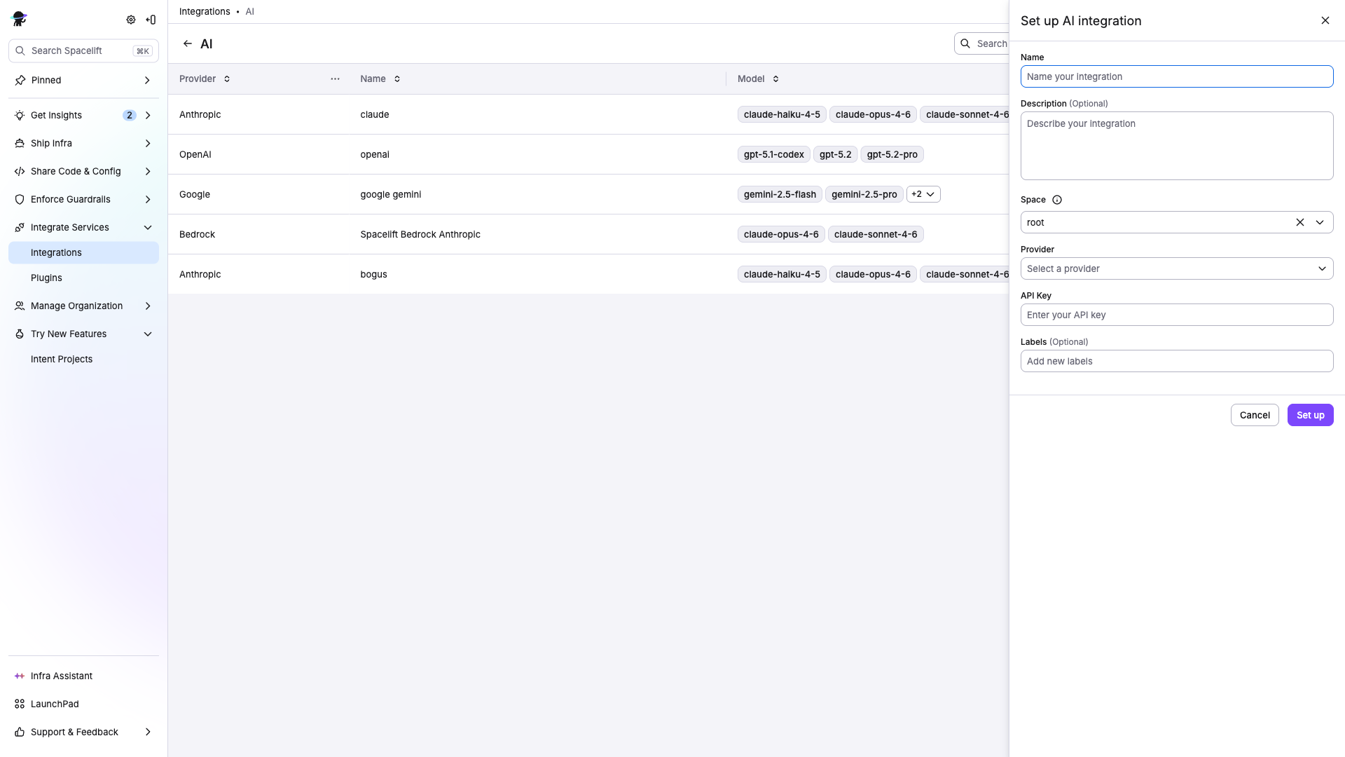 AI integration creation form