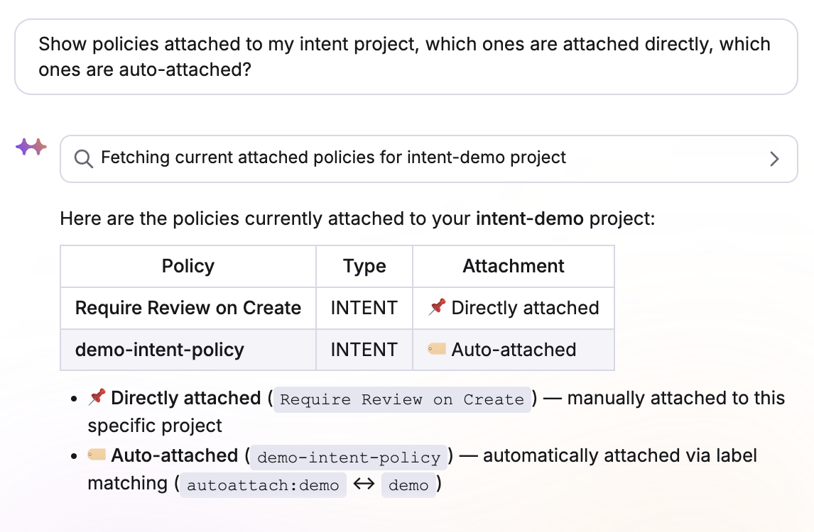 Infra Assistant: directly vs auto-attached policies on an Intent project