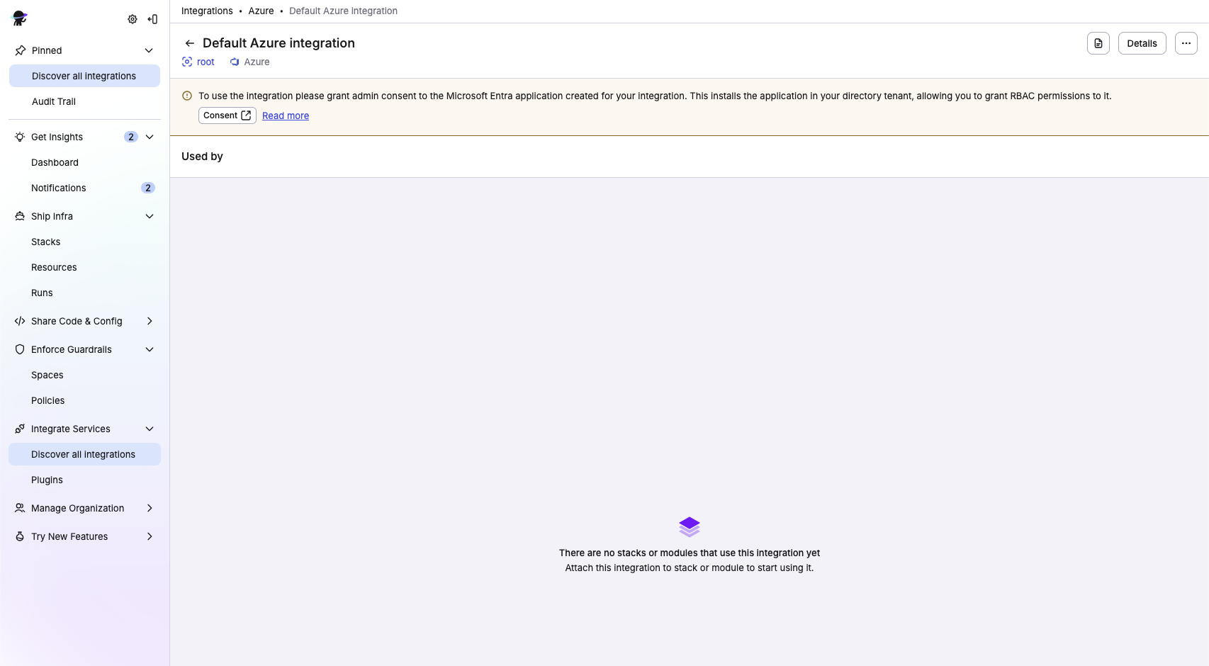 Azure integration details page