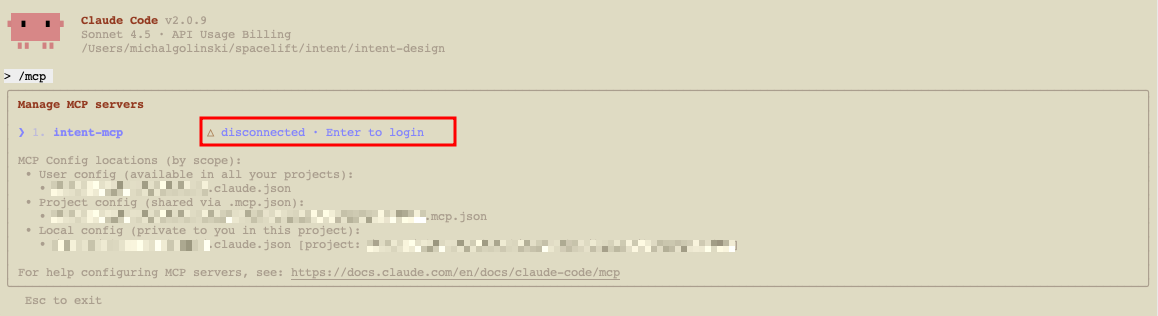 Claude Code: Spacelift Intent server prior to authentication