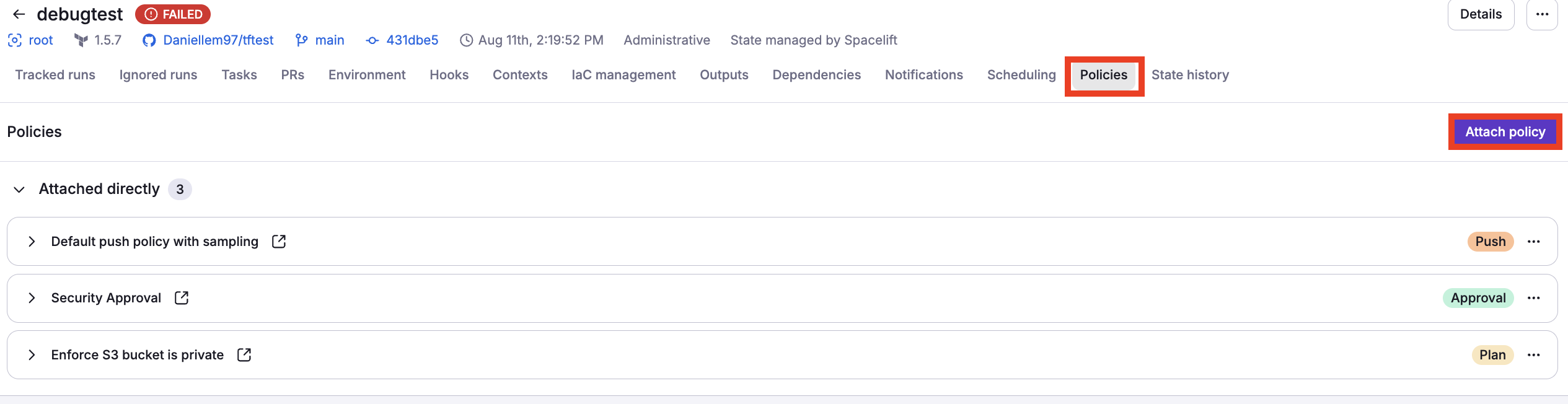 Select a Policy and manually attach it to the Stack.