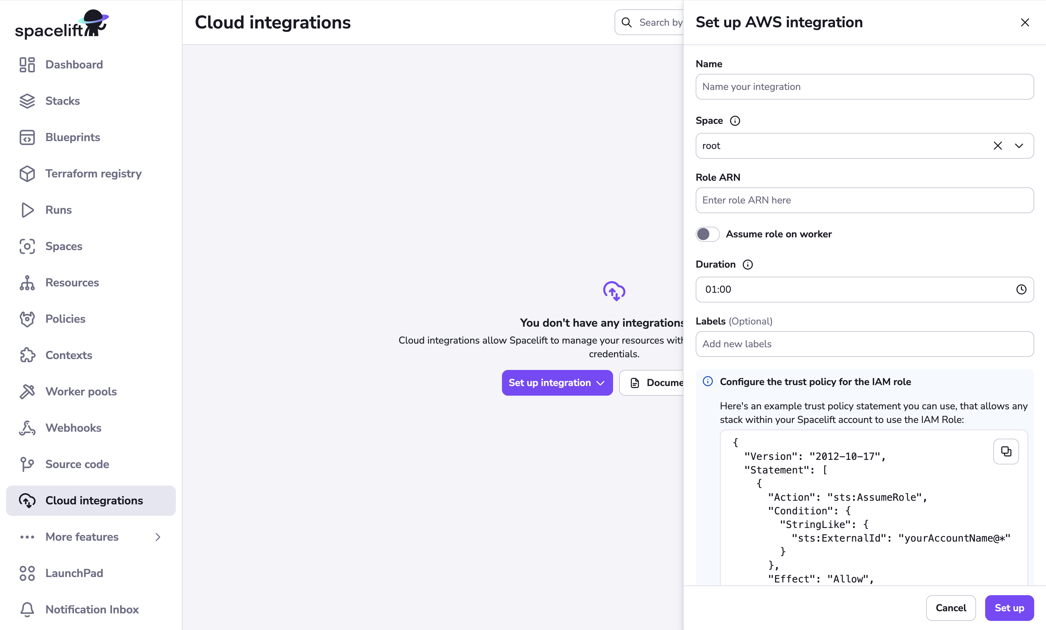 Click AWS to access integration settings