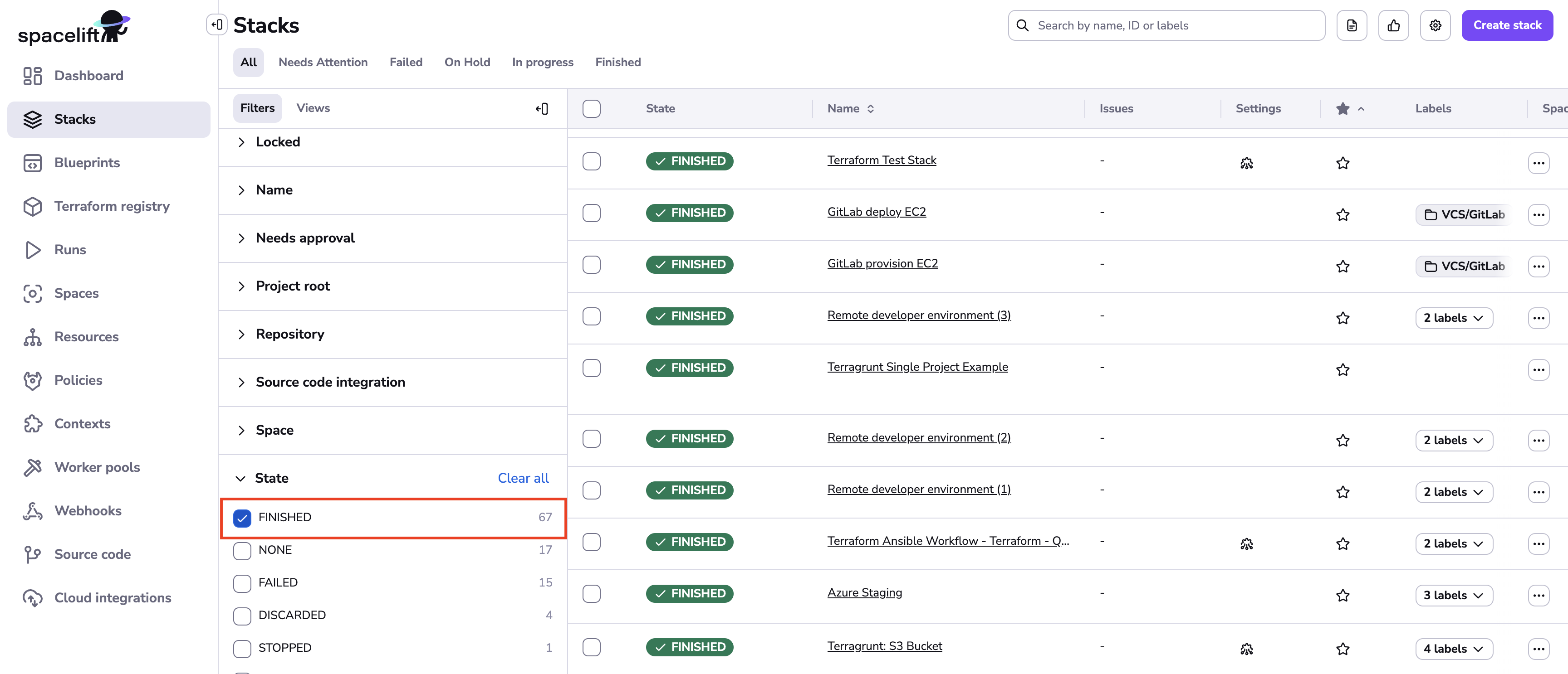 Filter stacks in the list by state