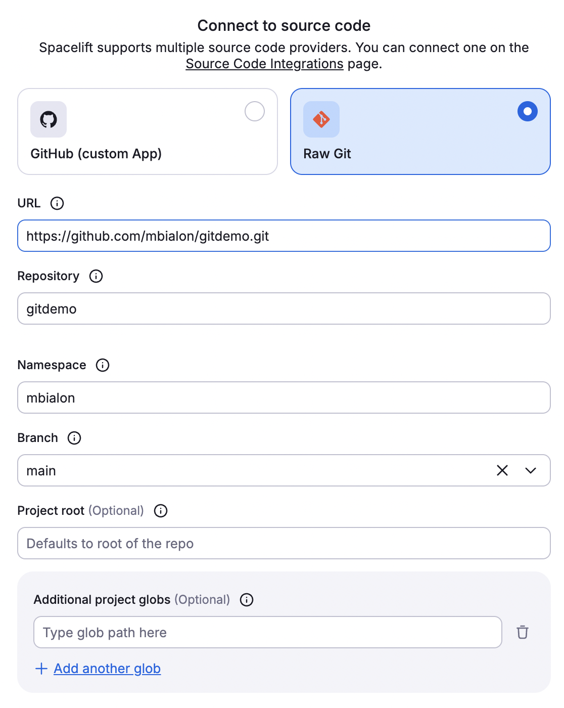 Create stack with raw Git