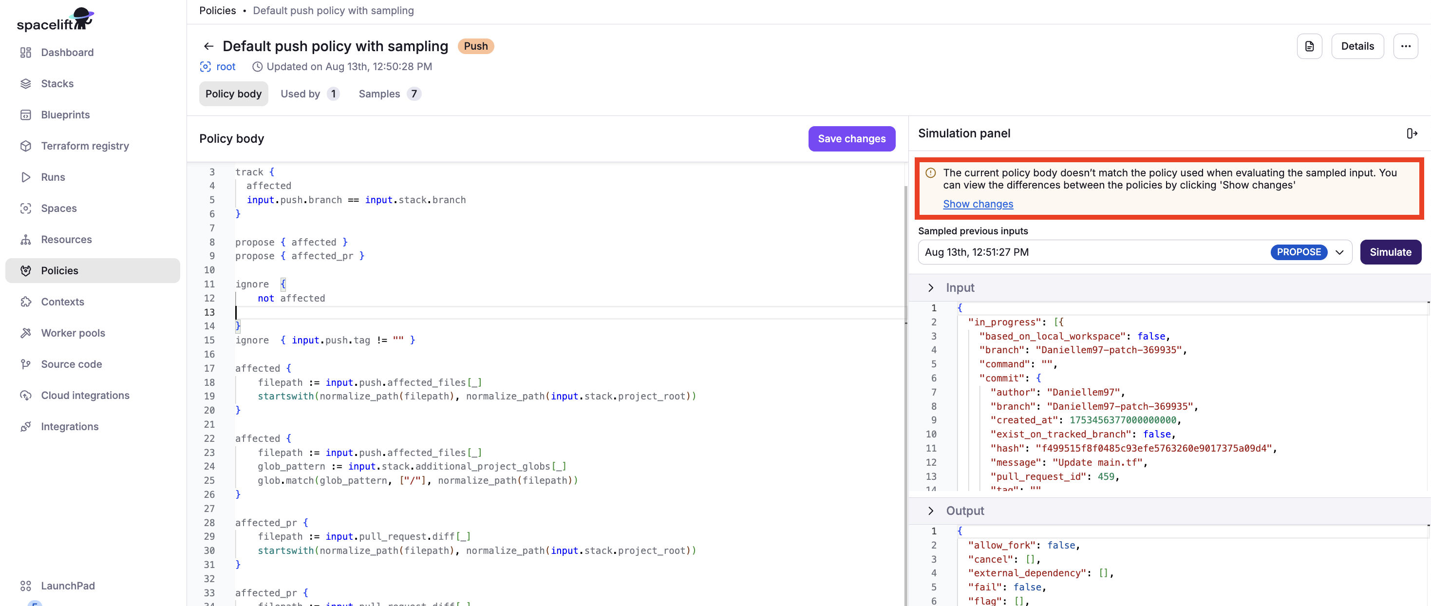 Simulation change warning
