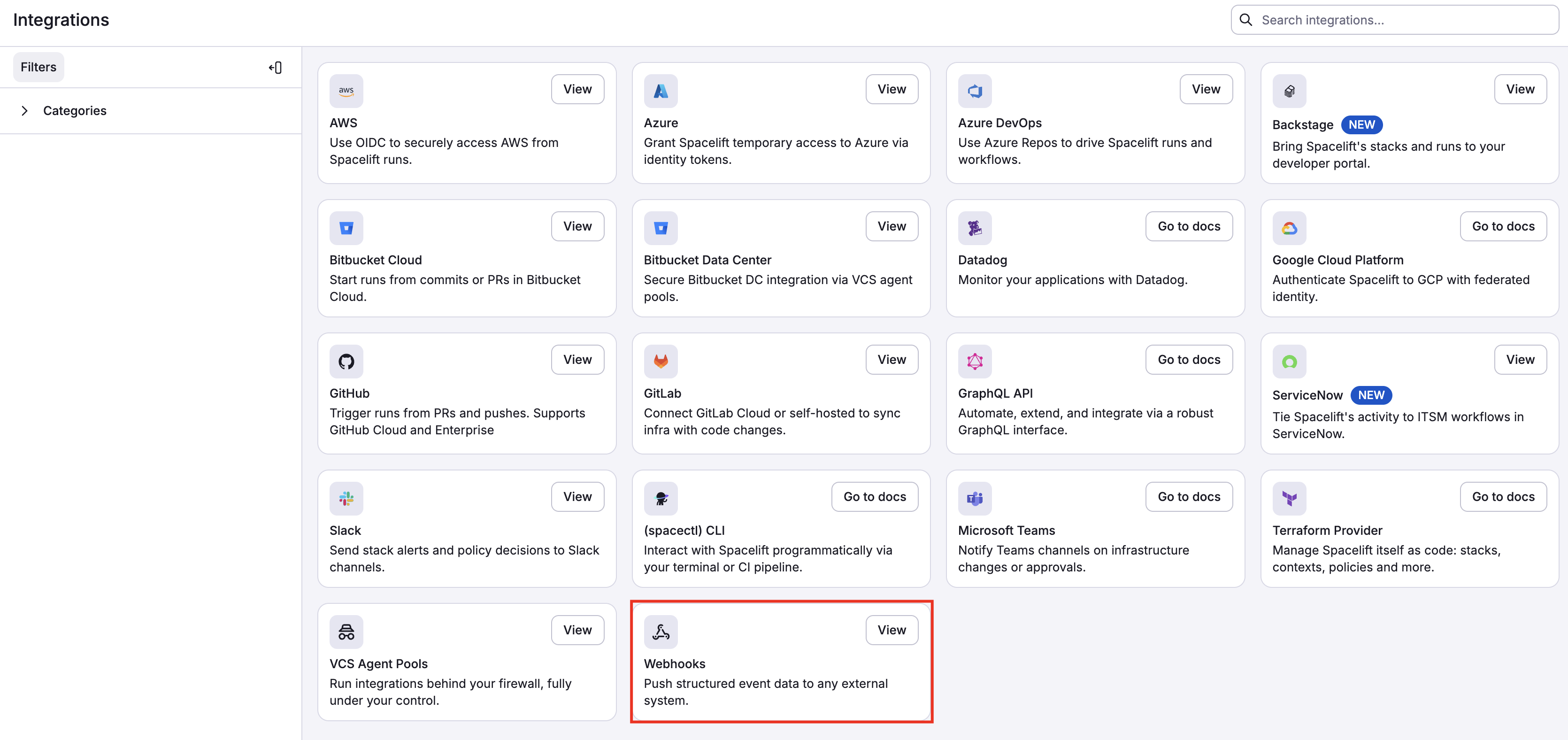 Webhooks section of integrations page