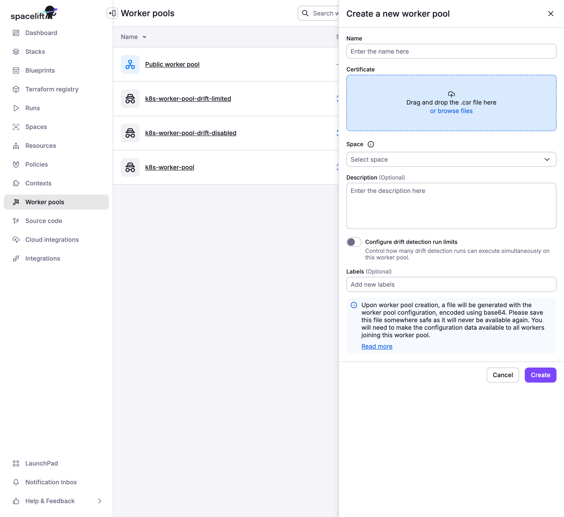 Upload the certificate you generated previously and create a worker pool.