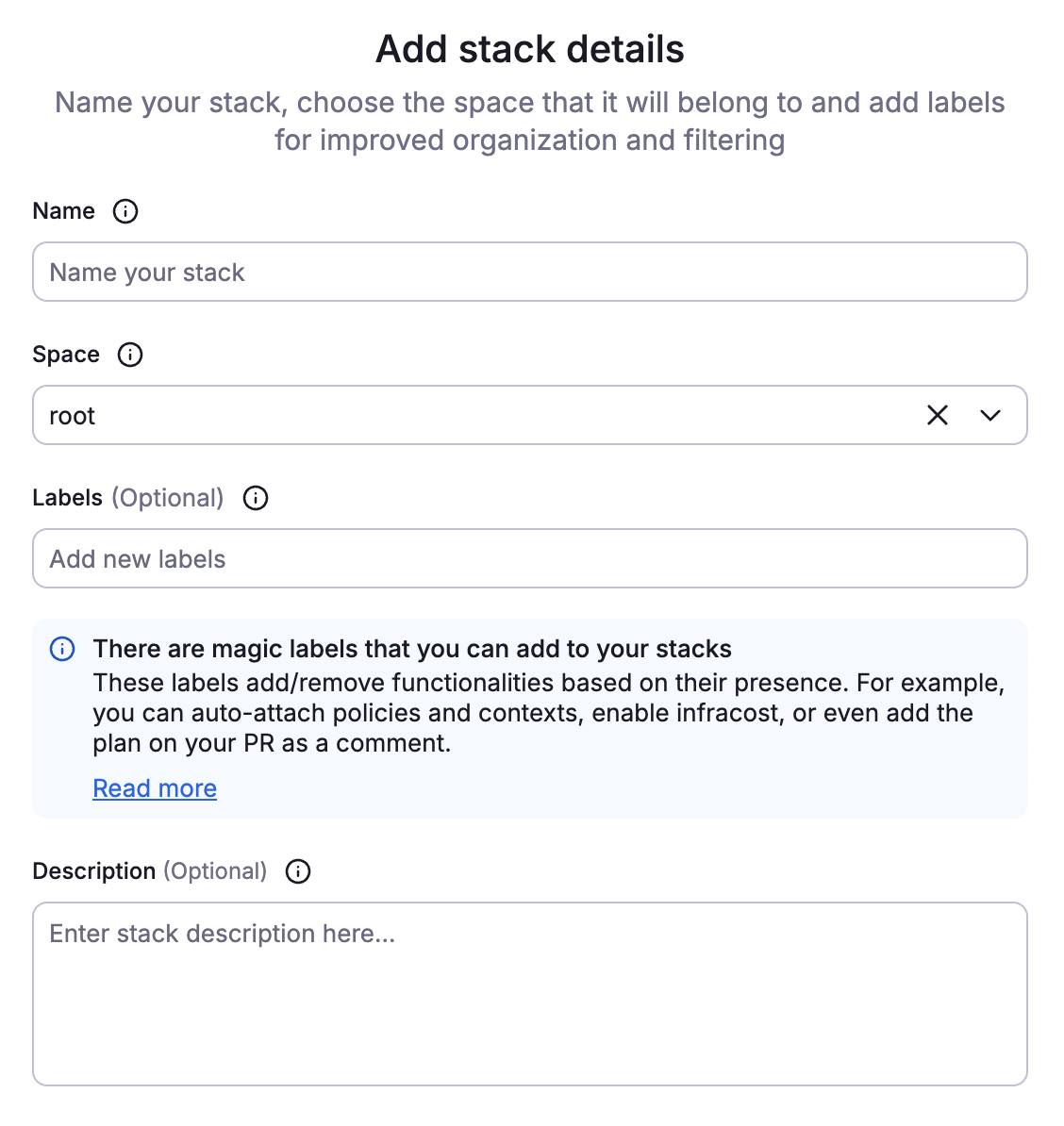 Fill in stack details