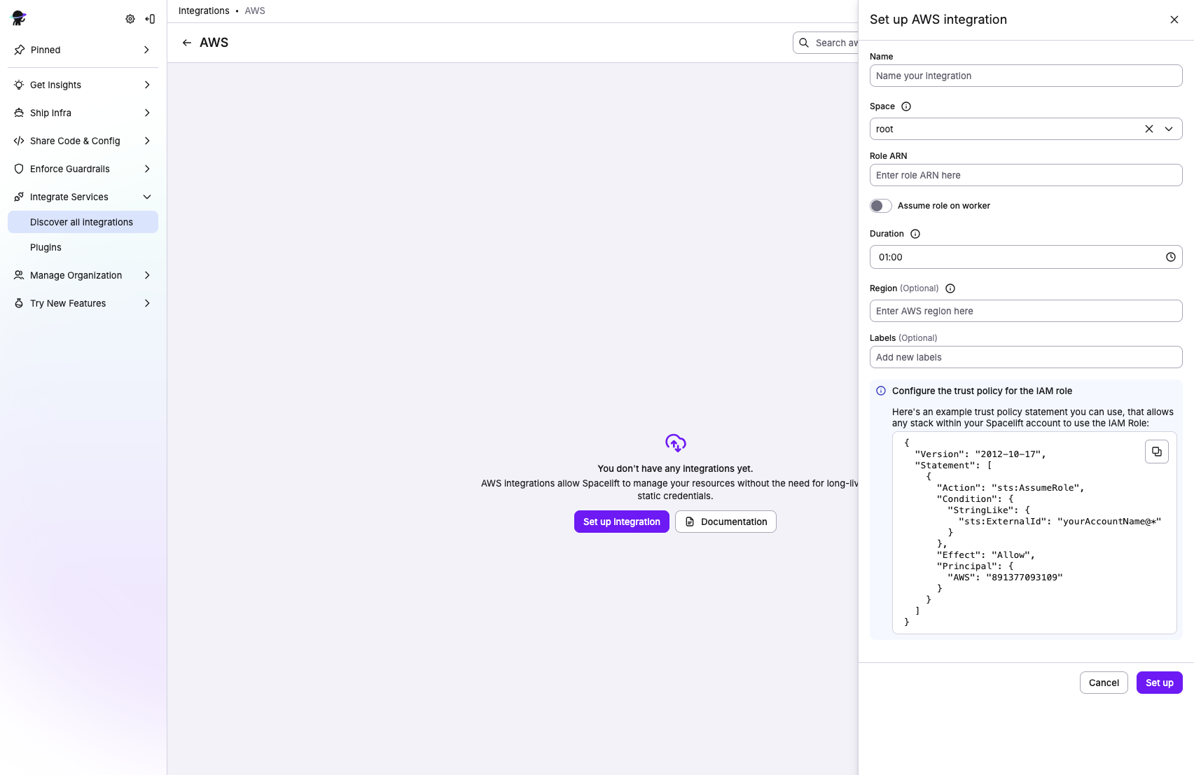 Click AWS to access integration settings