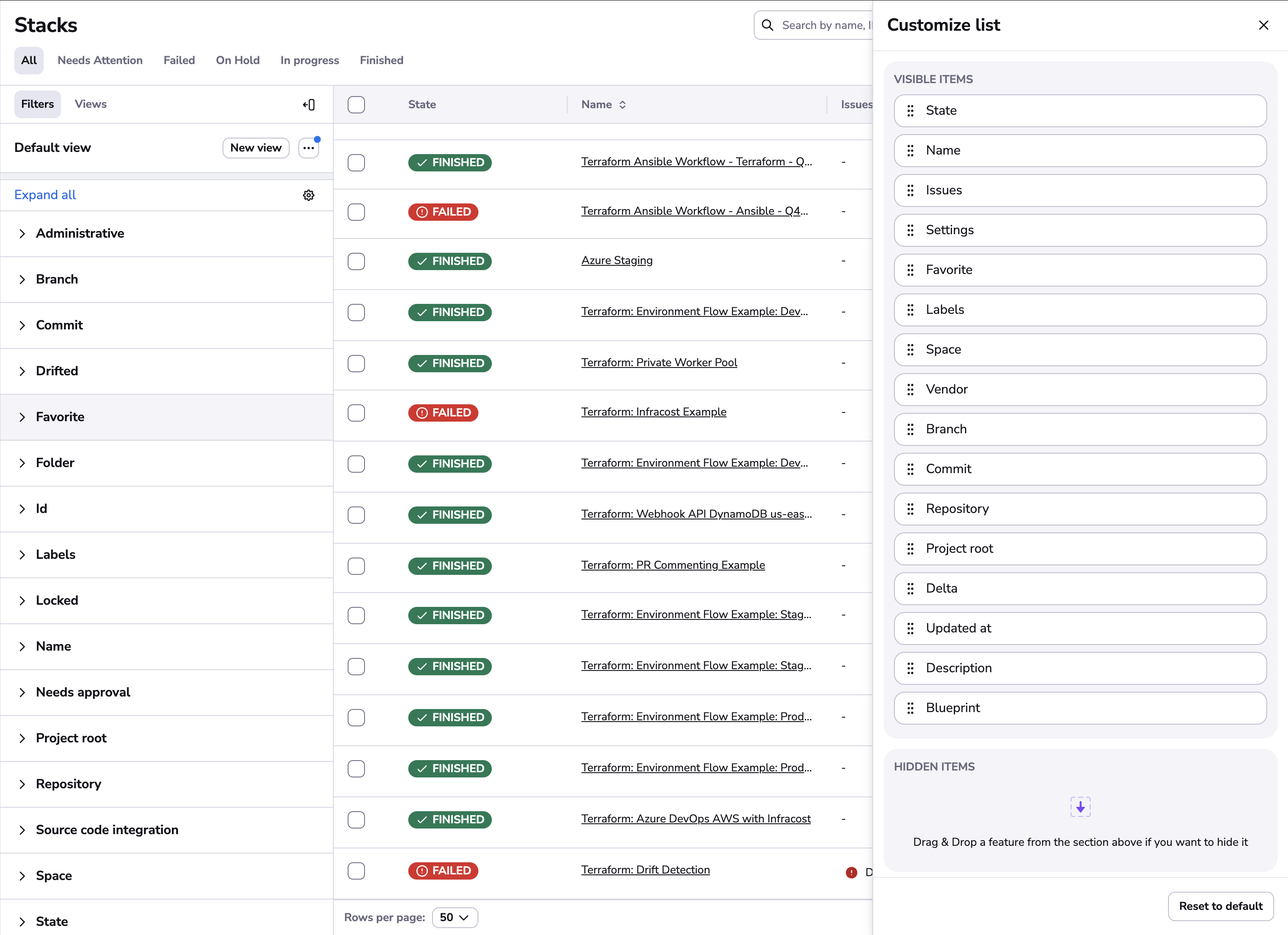 Customize list drawer