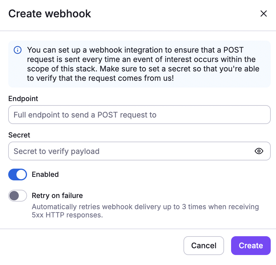 Create a webhook on stacks settings page