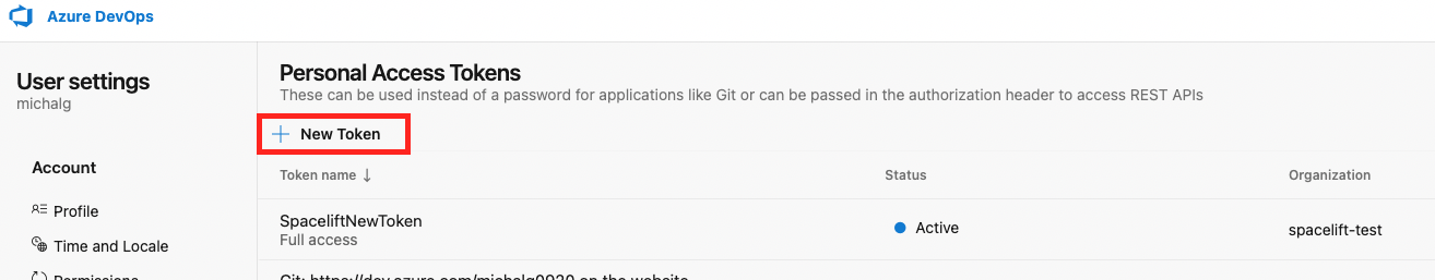 Creating a new personal access token in Azure DevOps
