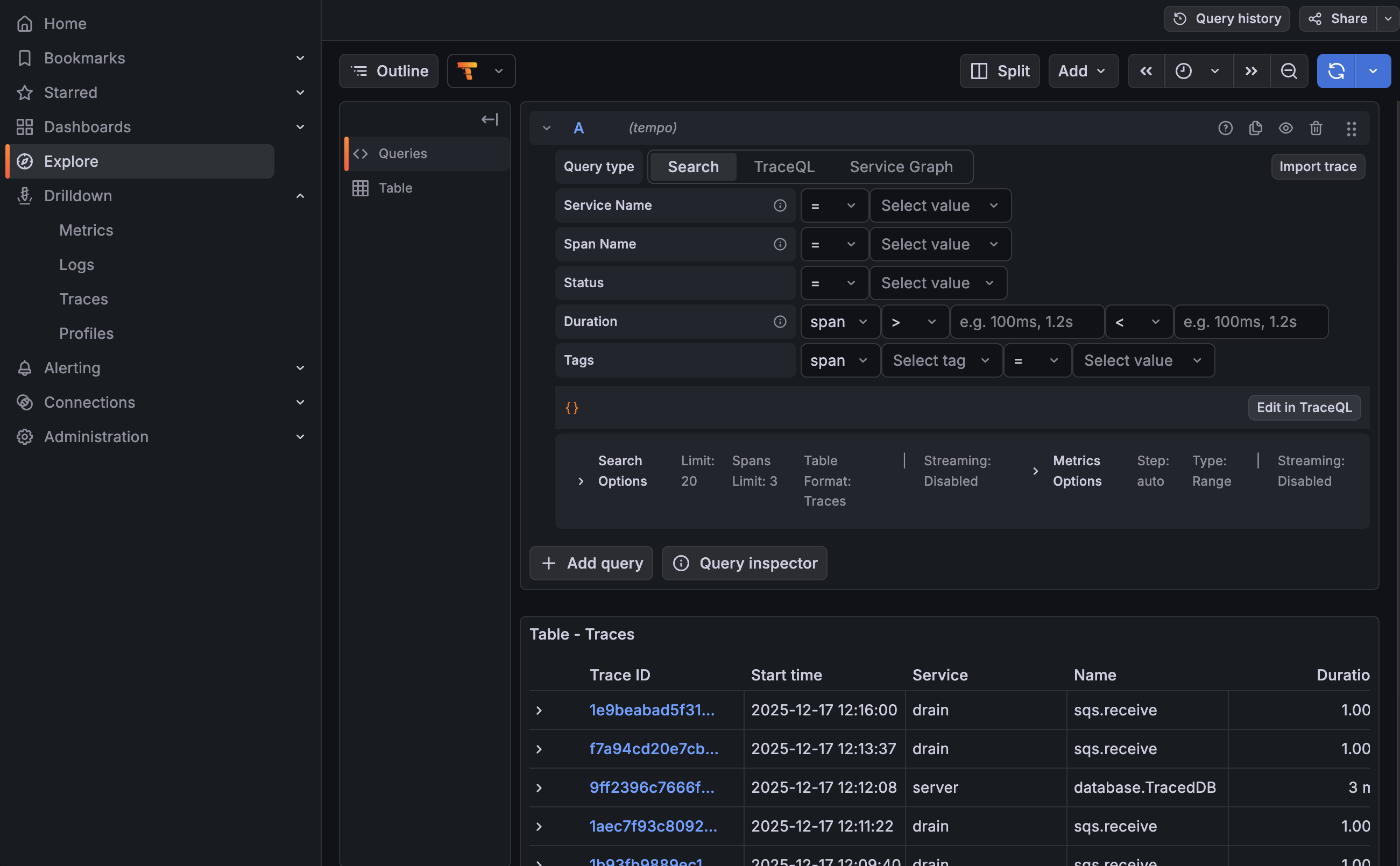 Grafana Explore showing traces