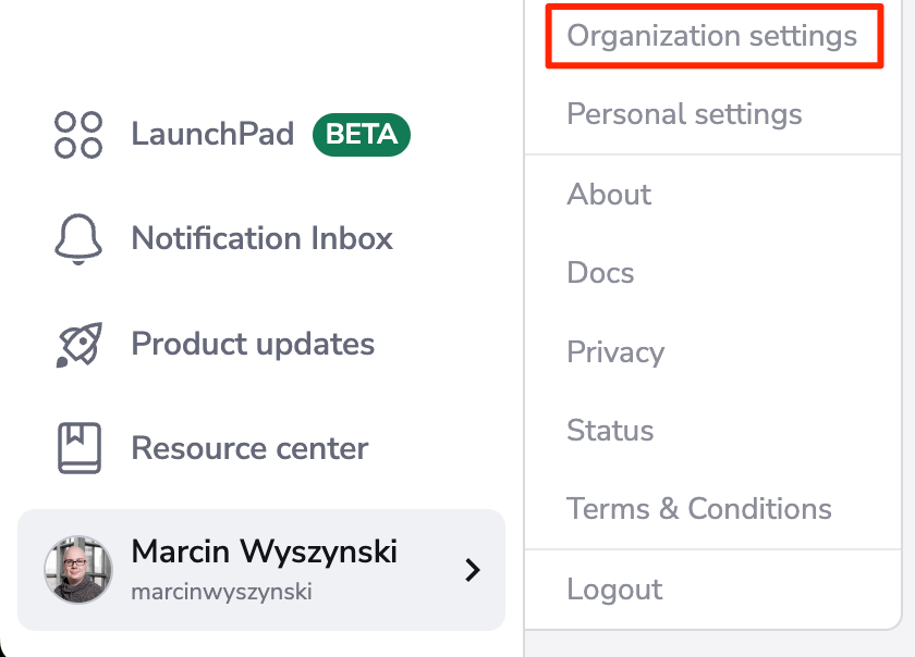 Click organization settings