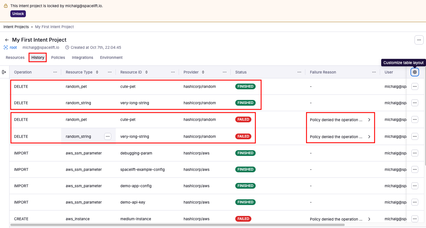 History tab - deletion