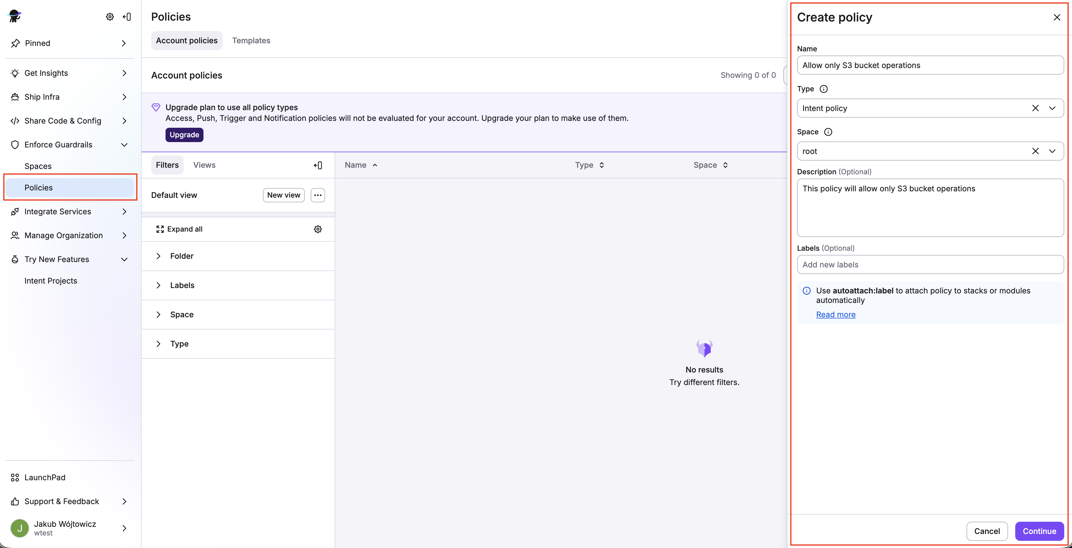 Spacelift UI: Creating your first Intent policy