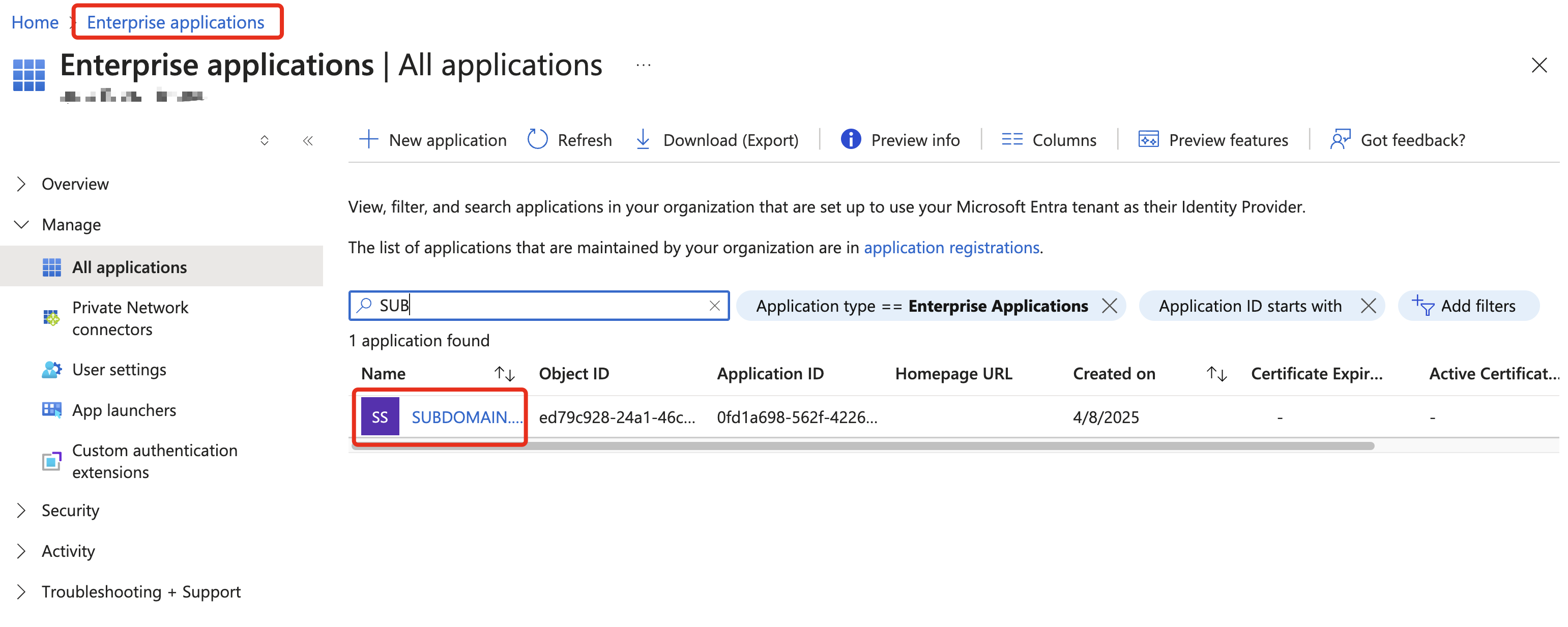Enterprise Applications list
