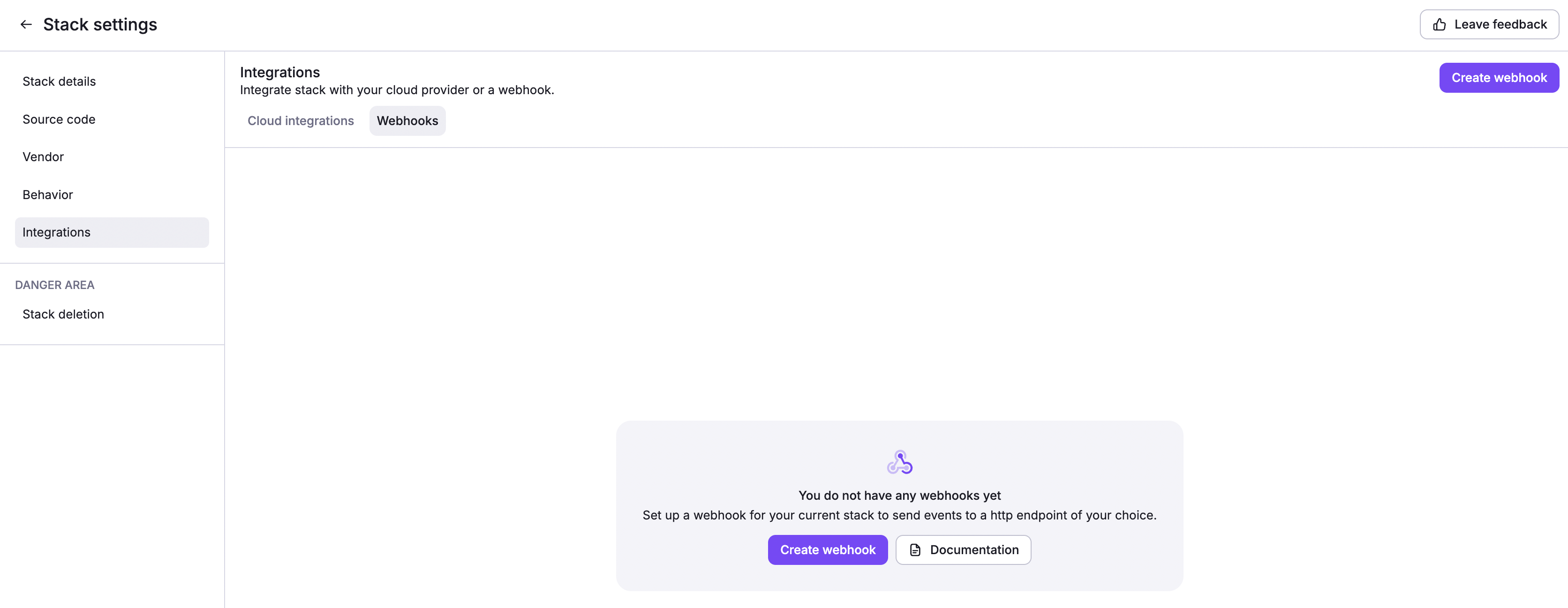 Webhooks section in stack settings page