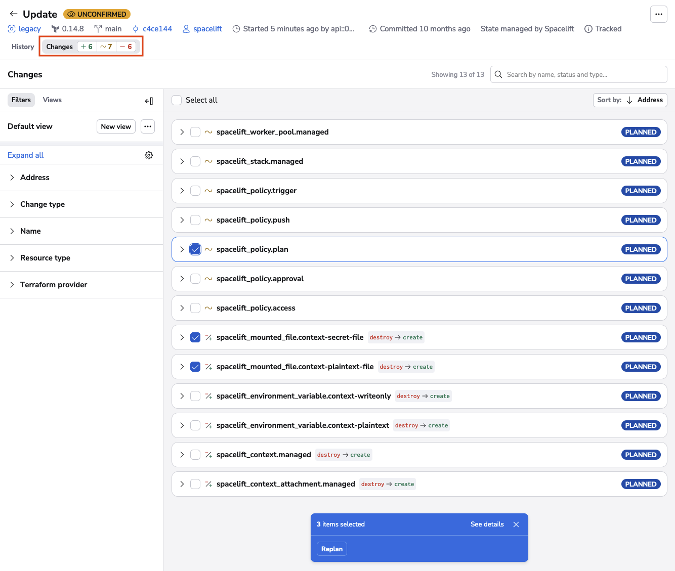 Changes replanning in Spacelift UI