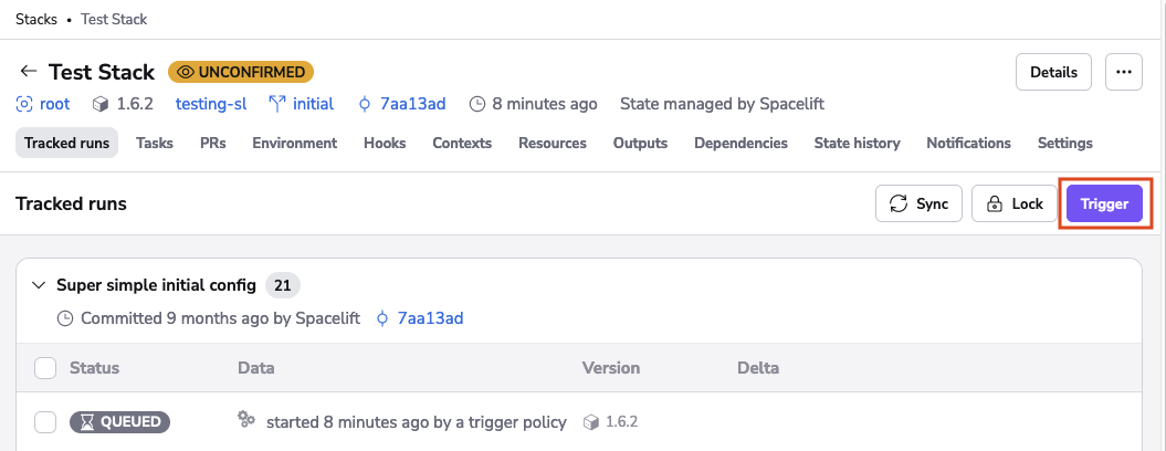Tracked run trigger button