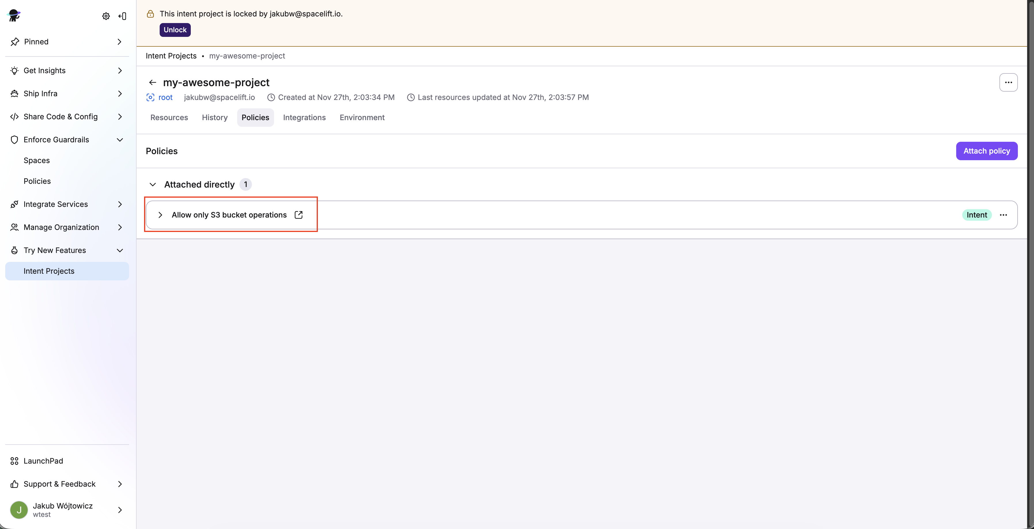 Intent policy attached