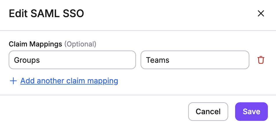 Screenshot: SAML configuration page showing custom claims mapping section