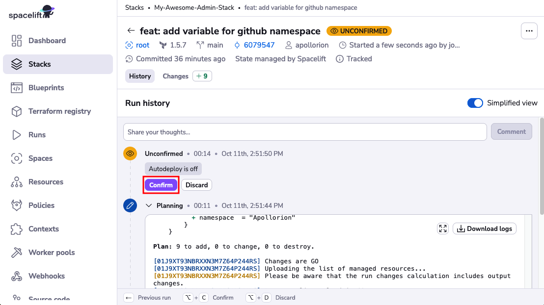 Confirm run in Spacelift UI