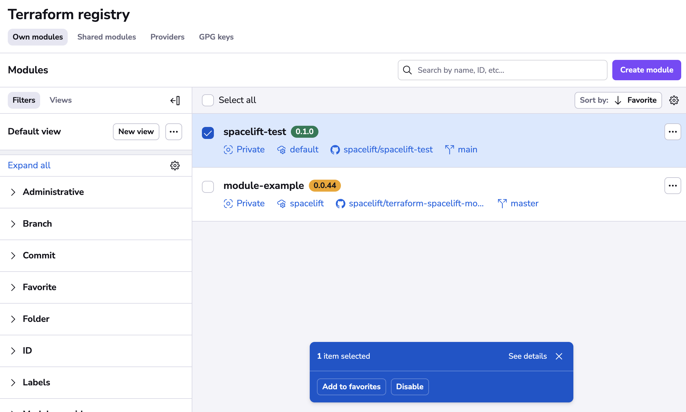 Bulk actions on modules page