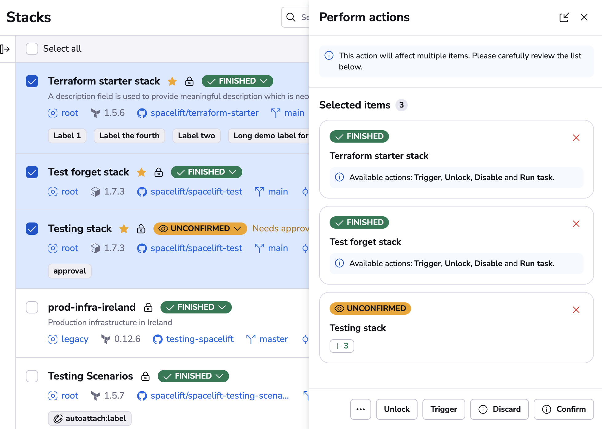 Available actions per entity in drawer
