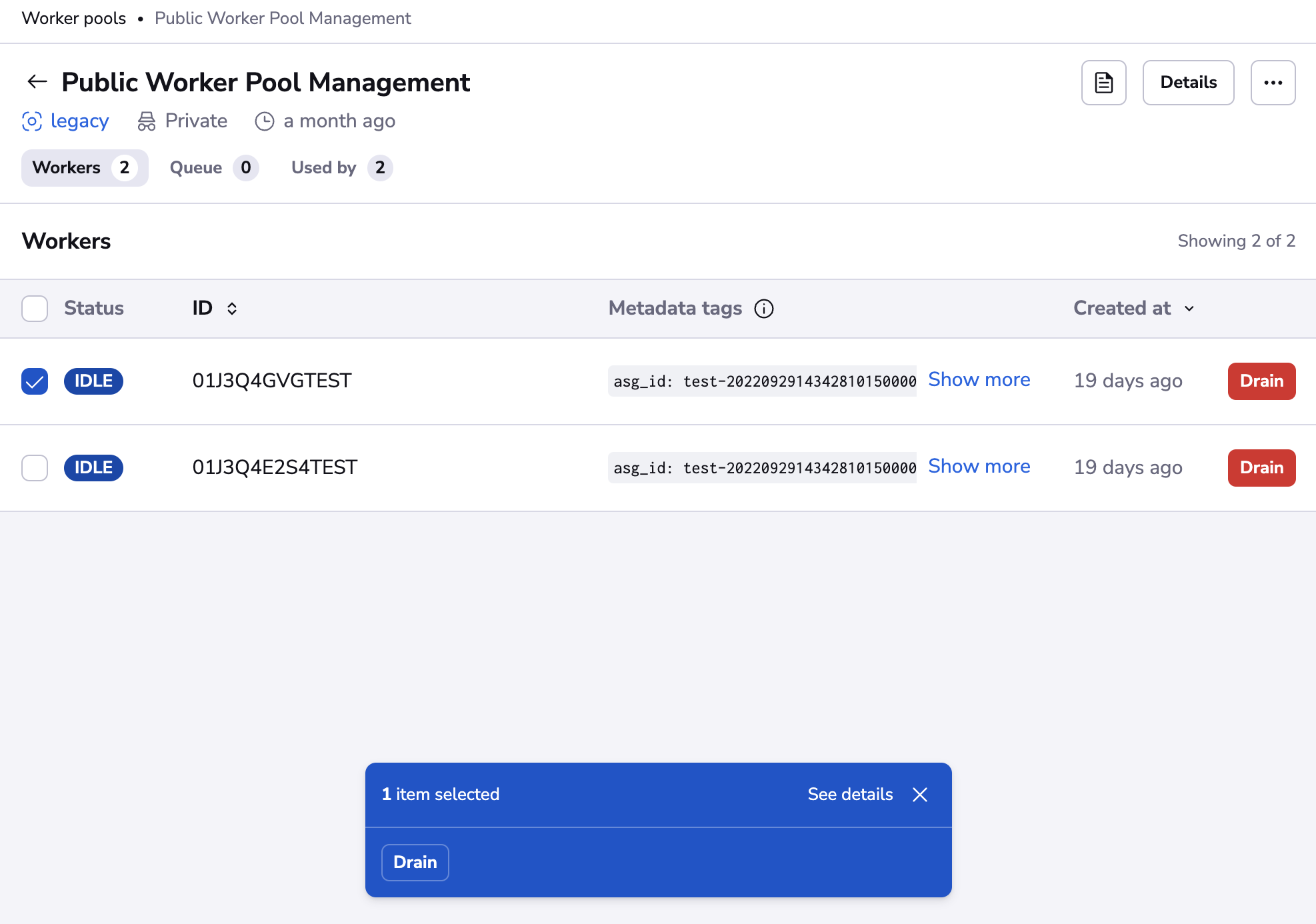 Bulk actions in private worker pools list