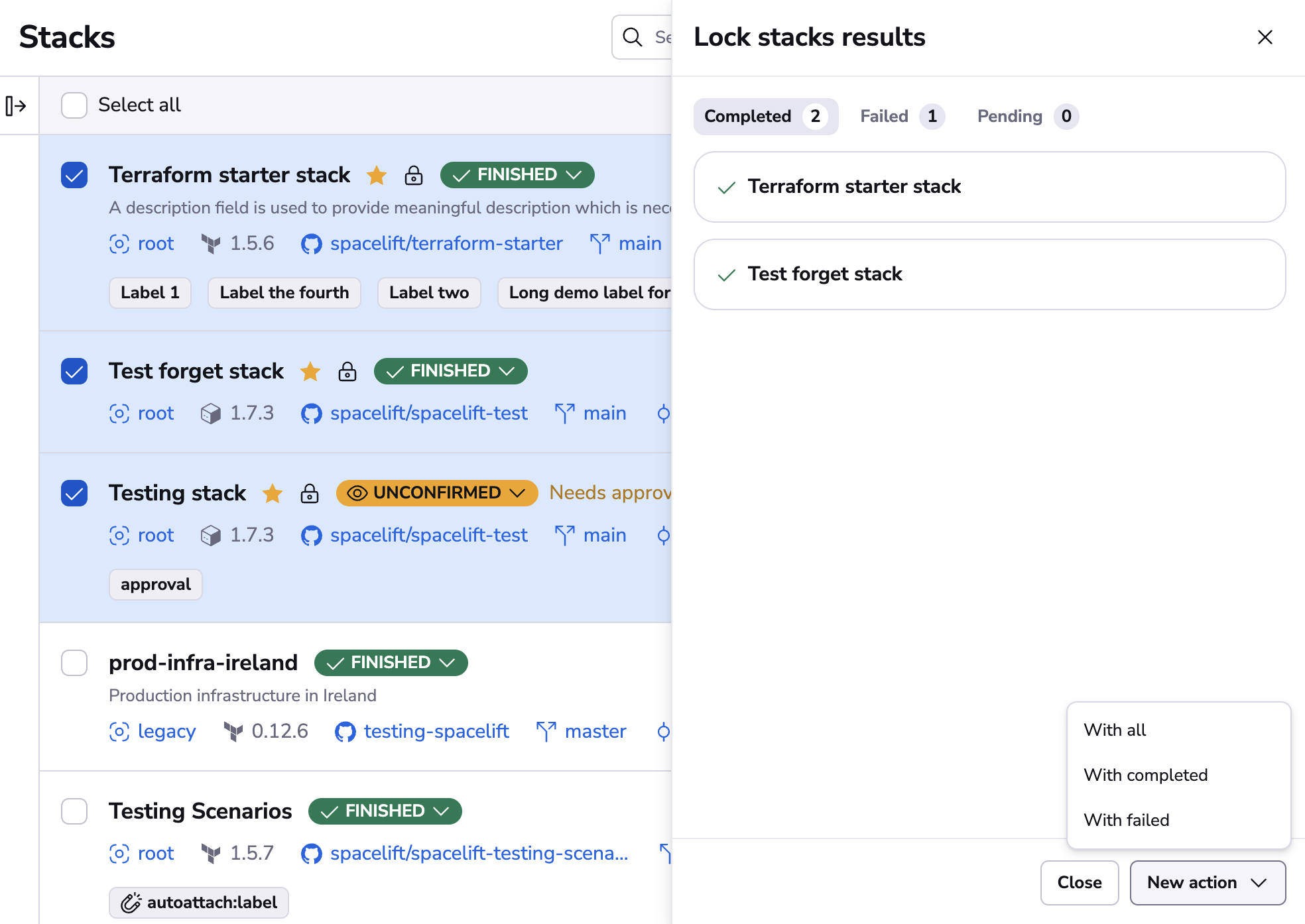 Completed bulk action drawer
