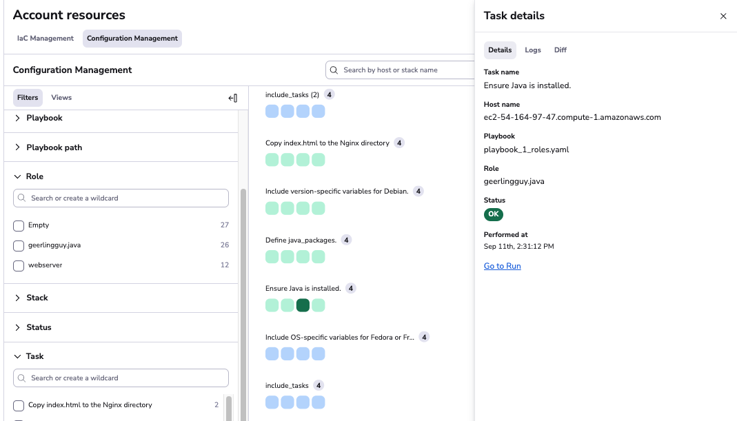 Configuration management tab in Resources view